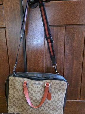 Coach "Unisex" Signature Covered Canvas Briefcase with Orange Leather Trim